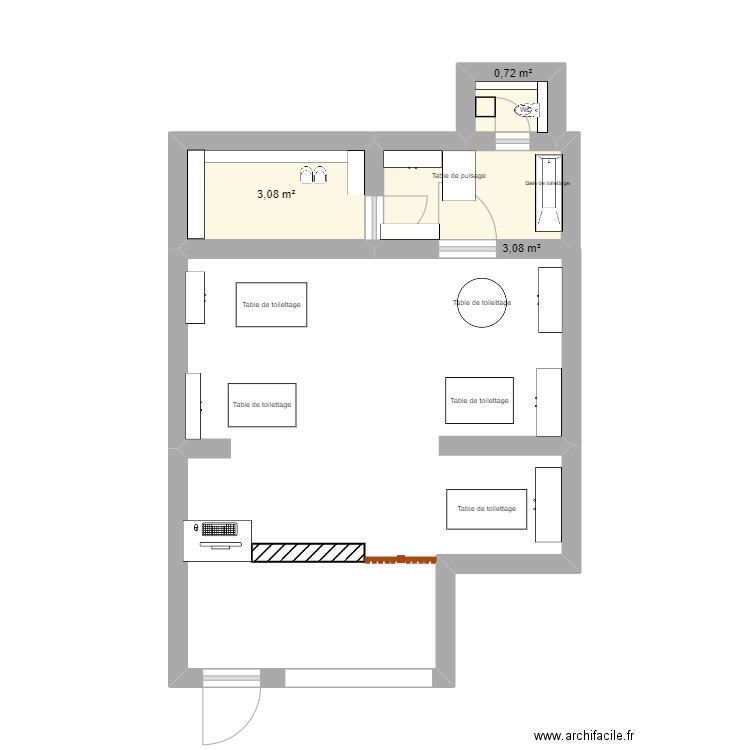 les chiens de caroline. Plan de 3 pièces et 7 m2