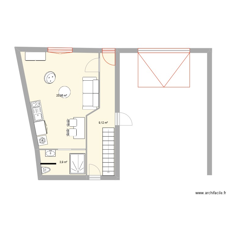 maison. Plan de 3 pièces et 34 m2