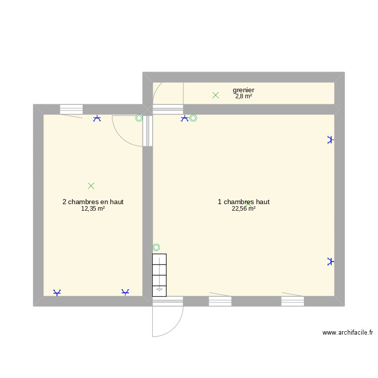 plan de haut 2 chambres. Plan de 3 pièces et 38 m2