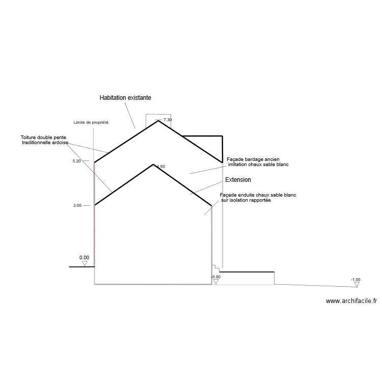 plan de façade ouest projeté. Plan de 1 pièce et 1 m2