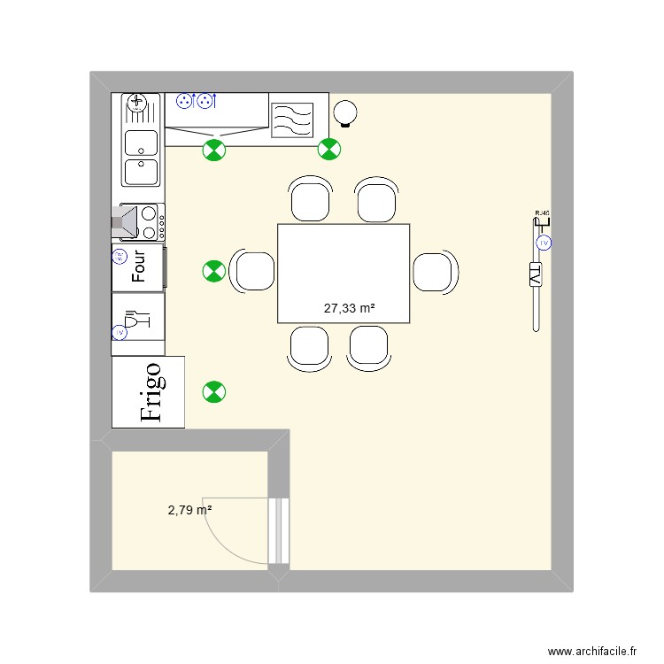 cuisine. Plan de 2 pièces et 30 m2