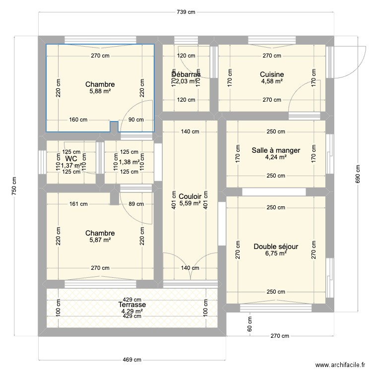 Appartement la Grâce Premier niveau. Plan de 10 pièces et 42 m2