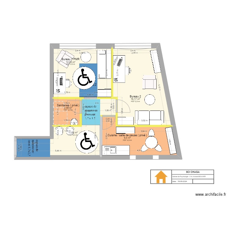 pmr. Plan de 5 pièces et 52 m2