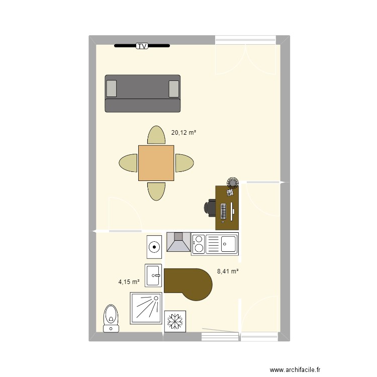 TPVC1. Plan de 3 pièces et 33 m2