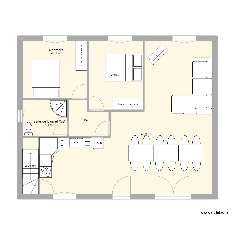 Pure salon agrandi. Plan de 6 pièces et 71 m2