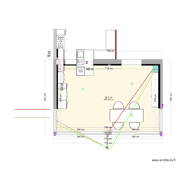 Extension cuisine avec appliques murs nord et est. Plan de 1 pièce et 34 m2