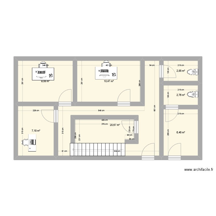 rdc H1. Plan de 7 pièces et 59 m2