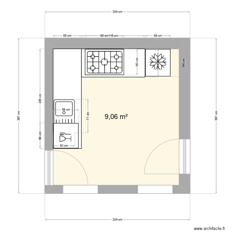 cuisine. Plan de 1 pièce et 9 m2