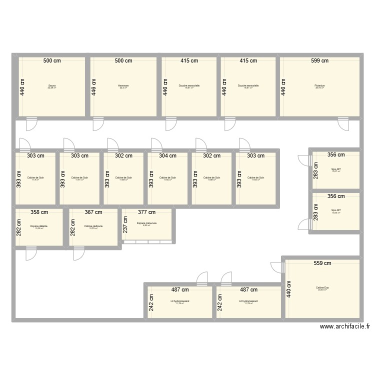 Plan du Spa de 500m2. Plan de 19 pièces et 277 m2