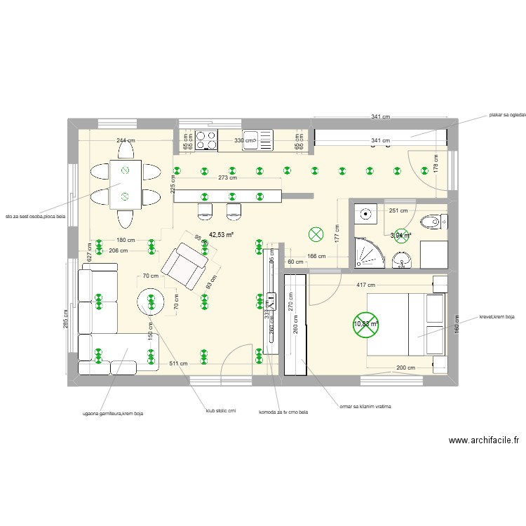 Zadatak br.3,osnova celog stana. Plan de 3 pièces et 57 m2