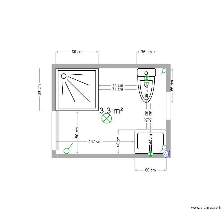 sdb 2. Plan de 1 pièce et 3 m2