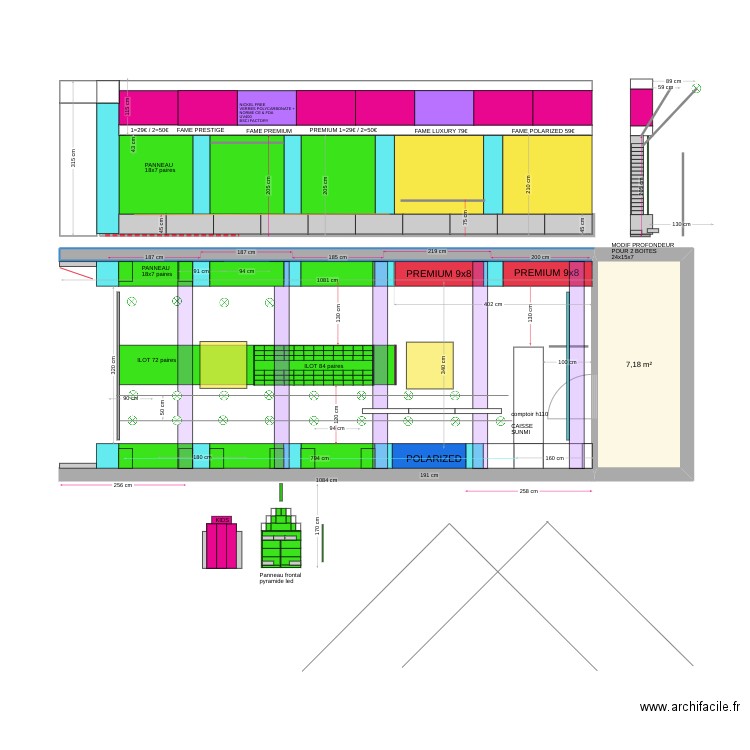 PLAN SUNGLASSES V10 SNG h320 accessoires et eclairage down. Plan de 1 pièce et 7 m2