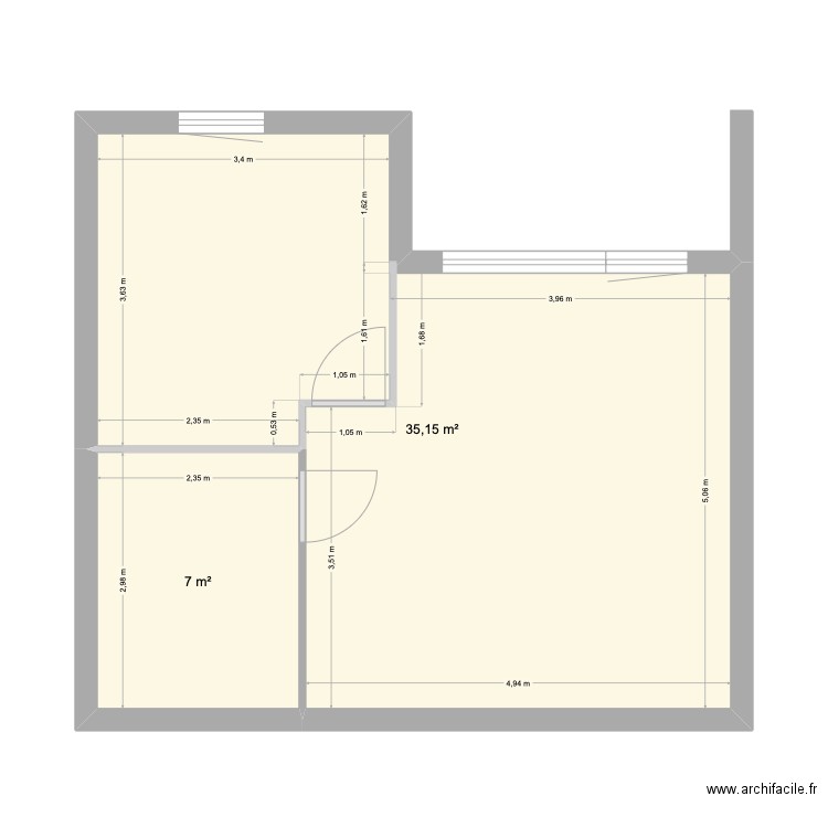 Cab. Plan de 2 pièces et 42 m2