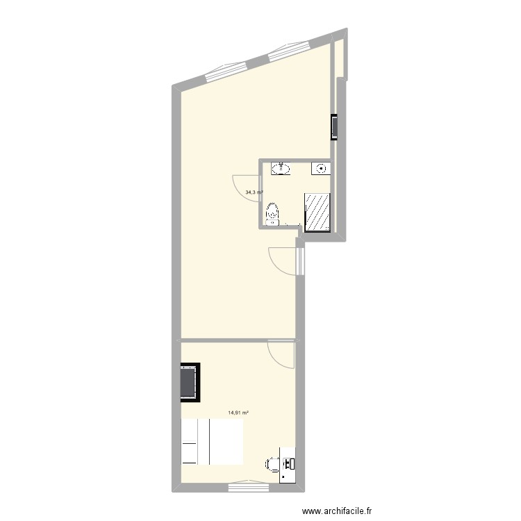 RDG. Plan de 2 pièces et 49 m2