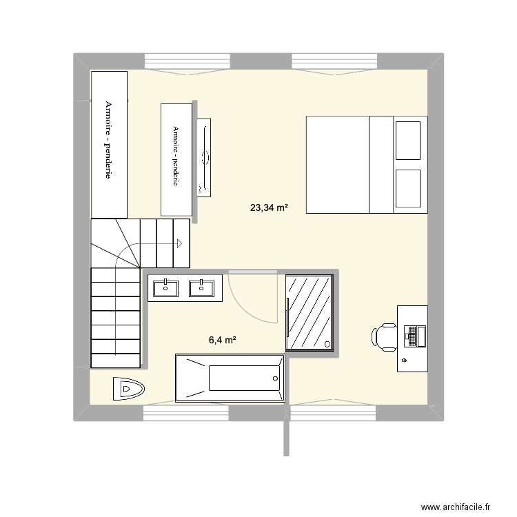 Plan combles version Sylvie. Plan de 2 pièces et 30 m2