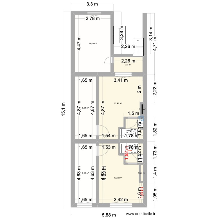 St Gilles Chee Woo 229 ELEC -1er etage avec chambre annexe. Plan de 10 pièces et 62 m2