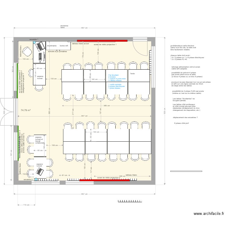 salle H007 ilots et tables en 140x80 ecran côtés. Plan de 1 pièce et 75 m2