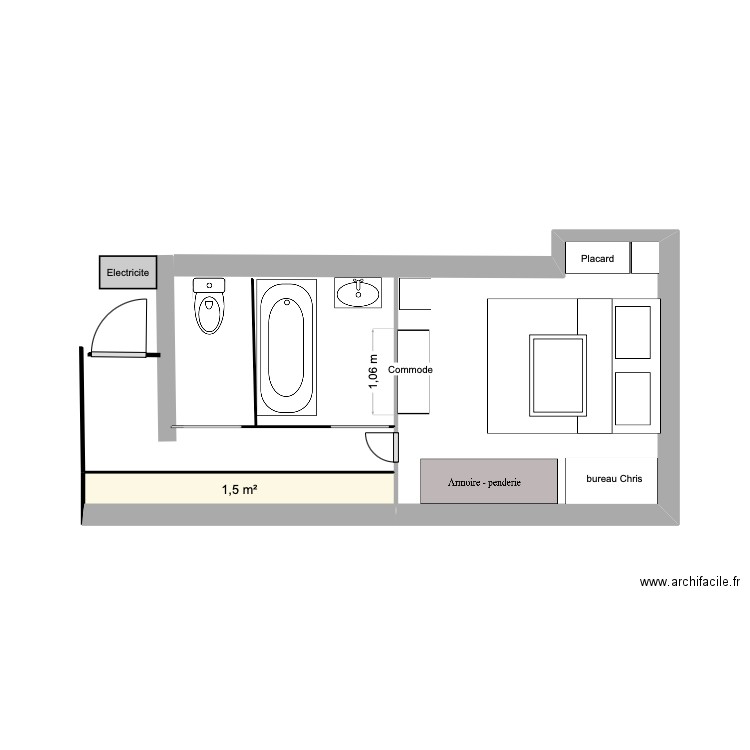 Chambre jc deuxième . Plan de 1 pièce et 2 m2