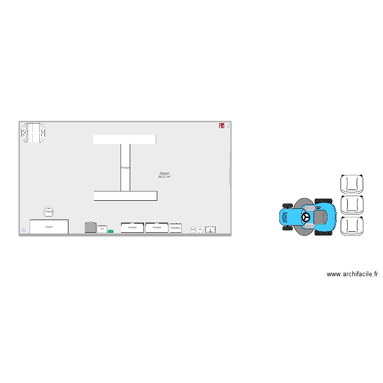 Atelier technicien. Plan de 1 pièce et 64 m2