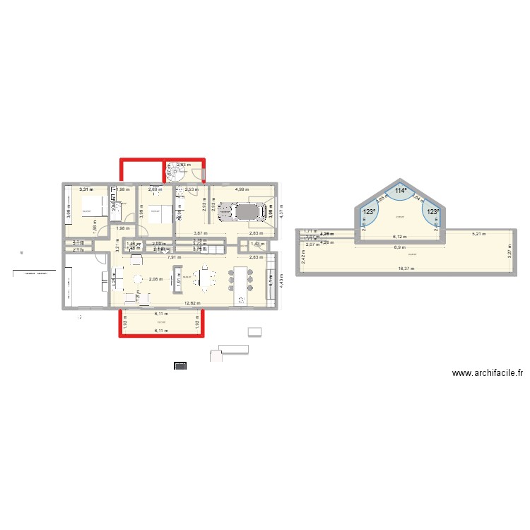 plan avec 3 chambres. Plan de 18 pièces et 210 m2