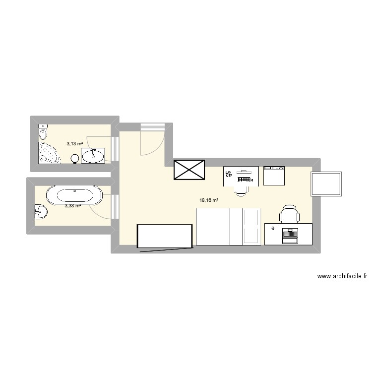 ma chambre et les salle de bain. Plan de 3 pièces et 25 m2