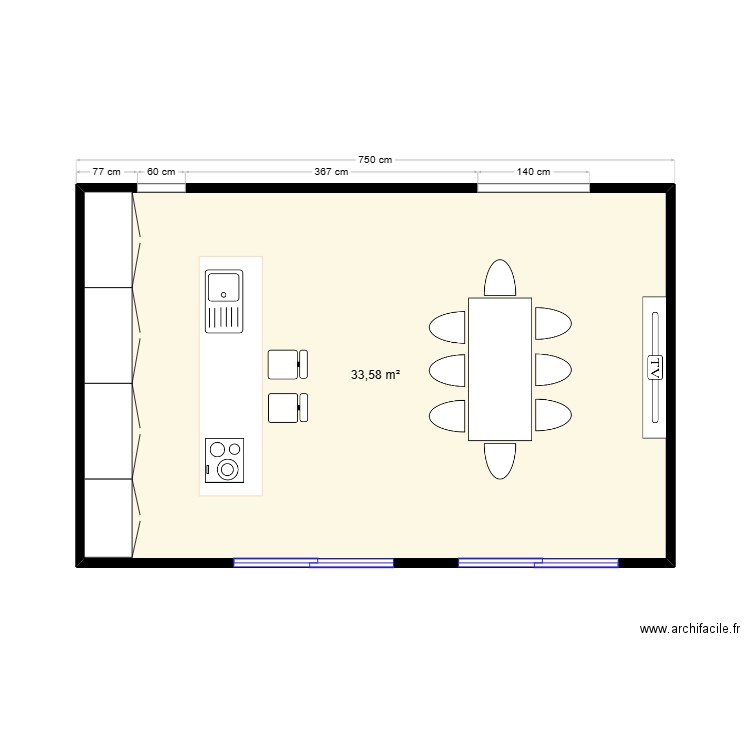 Cuisine. Plan de 1 pièce et 34 m2