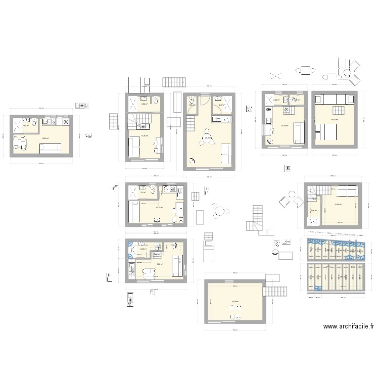 Moins de 20 m2. Plan de 8 pièces et 55 m2