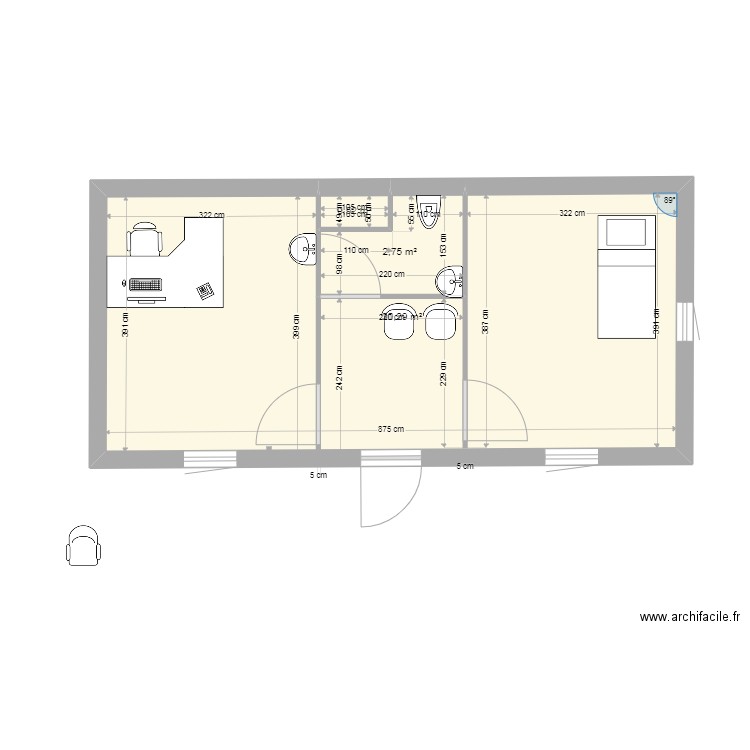 Maison verte kiné. Plan de 3 pièces et 34 m2