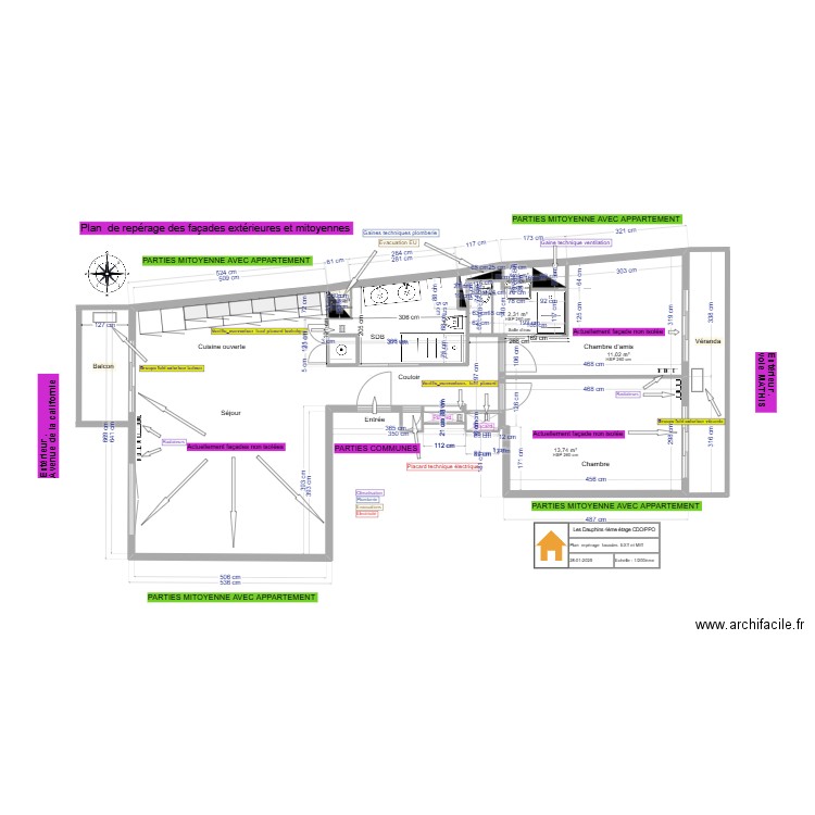 Plan  repérage des façades extérieures et mitoyennes . Plan de 7 pièces et 30 m2