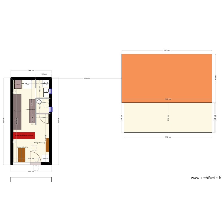 intérieur sans WC PMR. Plan de 3 pièces et 21 m2