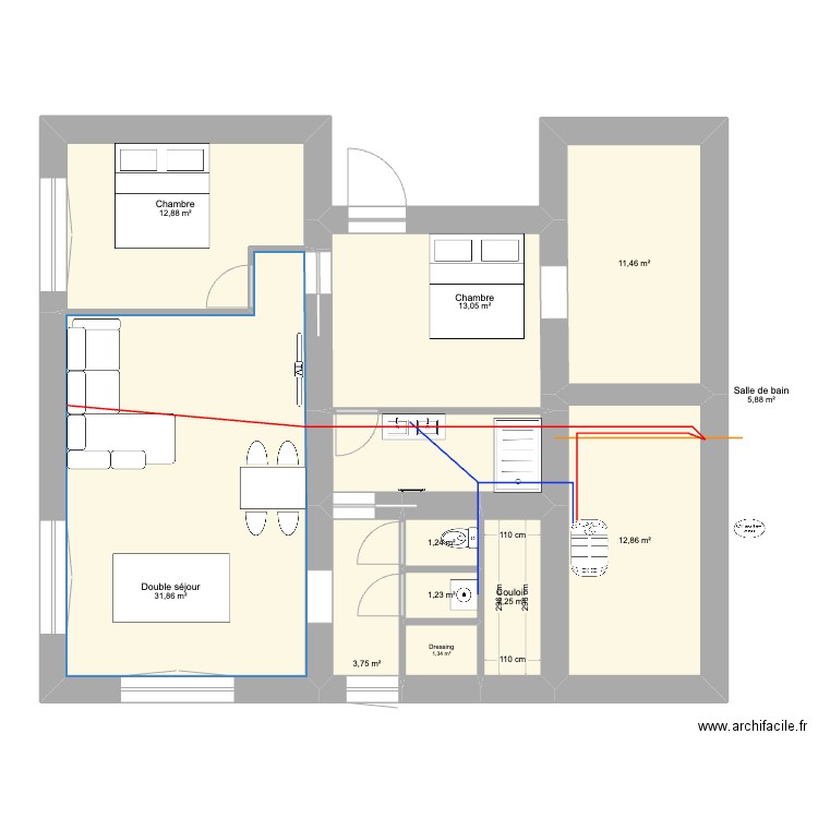 Rez de Jardin CABESSUT WC Entrée - Salle d'eau double accès. Plan de 11 pièces et 99 m2