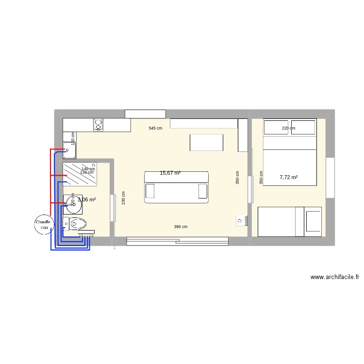 cabane plomberie. Plan de 3 pièces et 26 m2