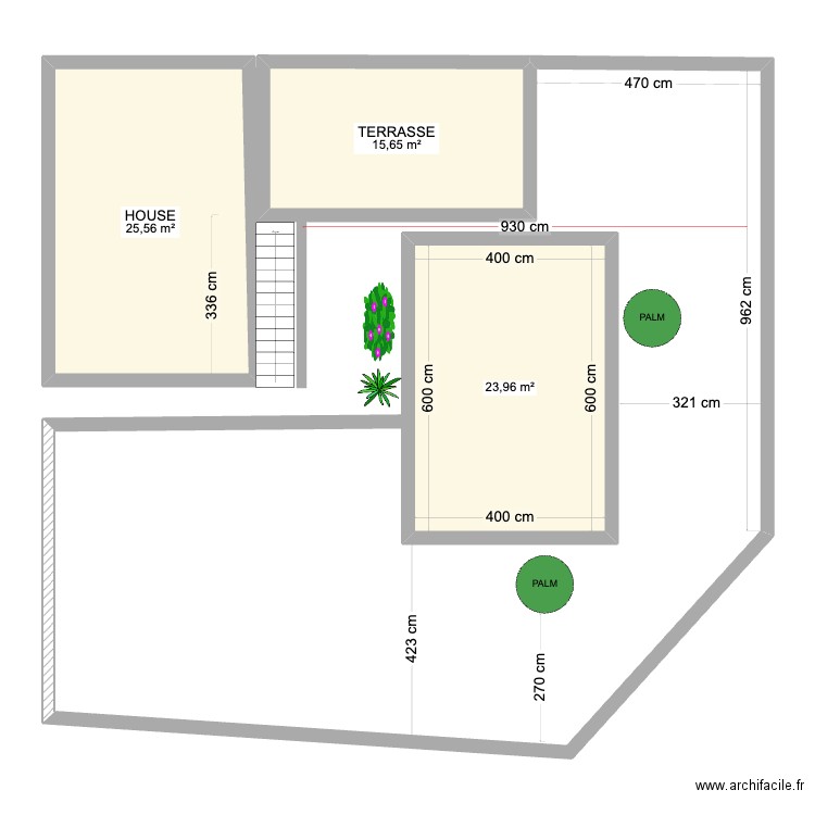 Piscine et sauna II. Plan de 3 pièces et 65 m2