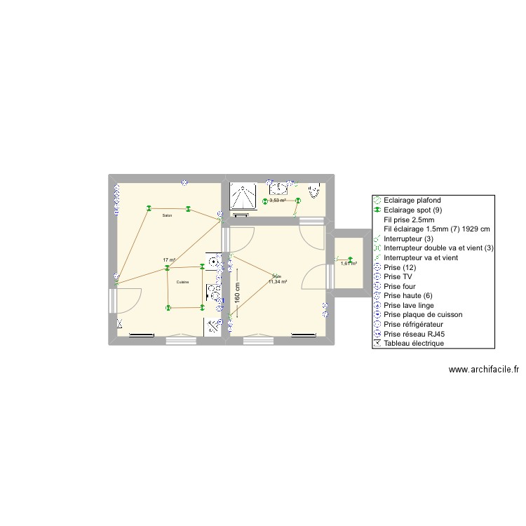 RDC appart. Plan de 4 pièces et 33 m2