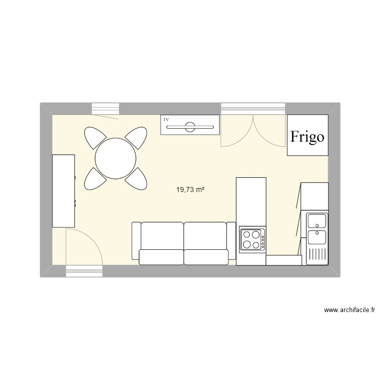 cuisine américaine. Plan de 1 pièce et 20 m2