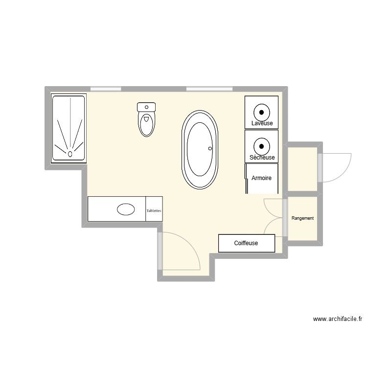 Salle de bain RDC option 2. Plan de 3 pièces et 16 m2