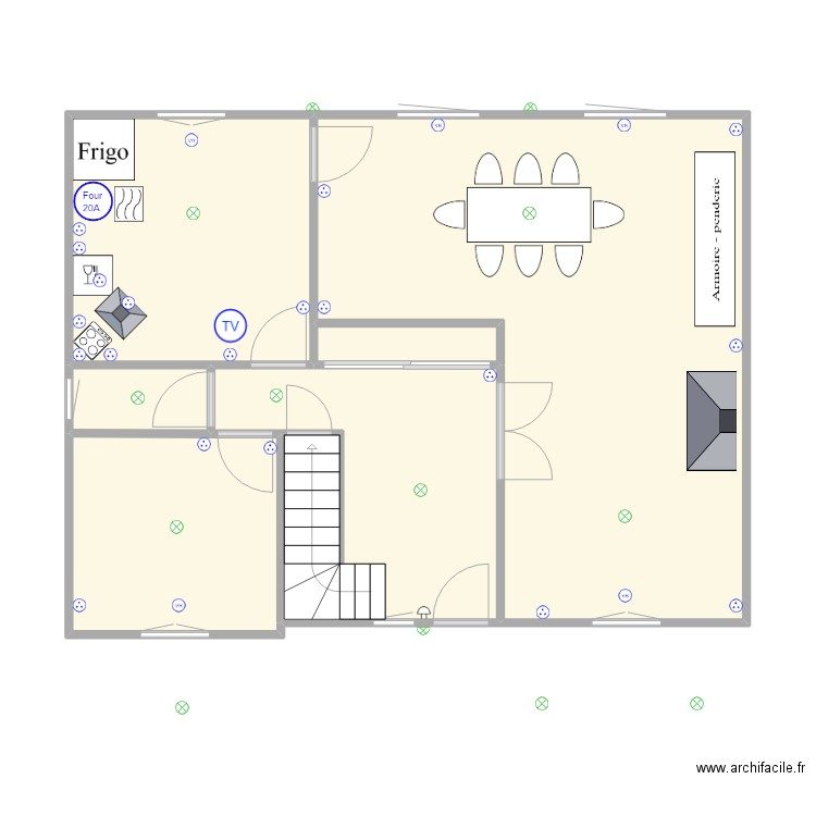 rez de chaussée. Plan de 6 pièces et 68 m2