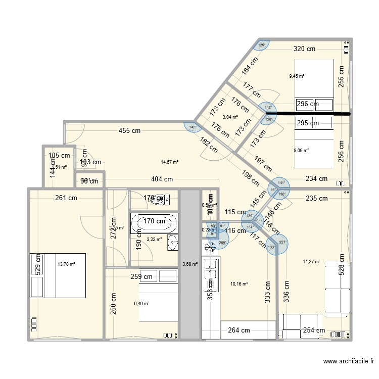 levallois3. Plan de 16 pièces et 94 m2