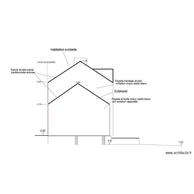 plan de façade ouest projeté couvreur. Plan de 2 pièces et 24 m2