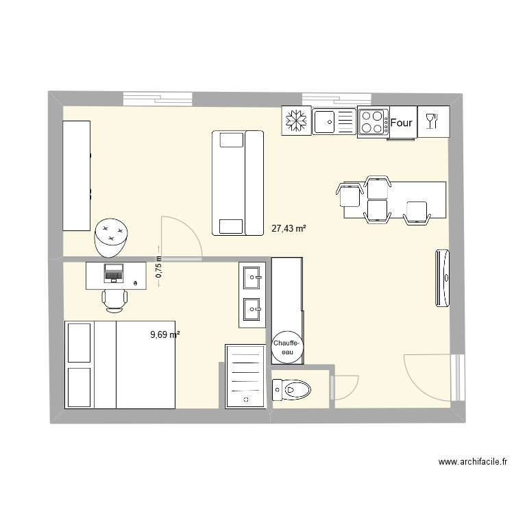 Projet Studio V1. Plan de 2 pièces et 37 m2