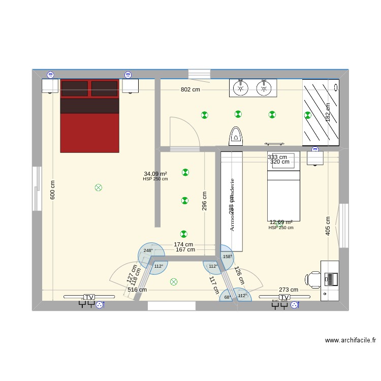 Hypothèse 1. Plan de 2 pièces et 47 m2