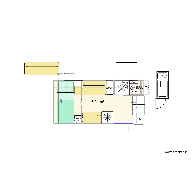 mastervan. Plan de 2 pièces et 6 m2