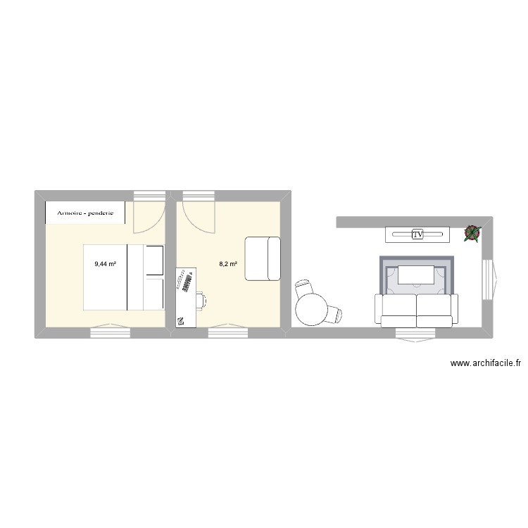 Appart . Plan de 2 pièces et 18 m2