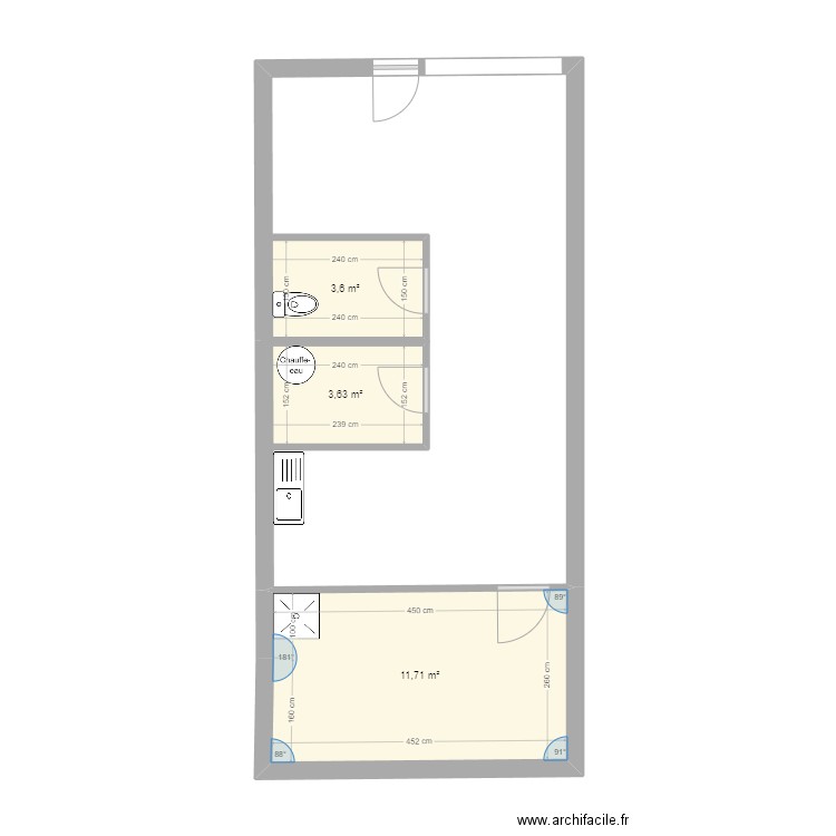 pizzeria. Plan de 3 pièces et 19 m2