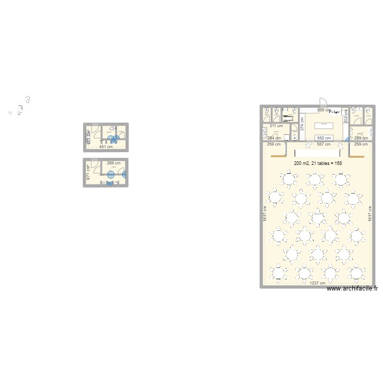 Salle réception. Plan de 15 pièces et 267 m2