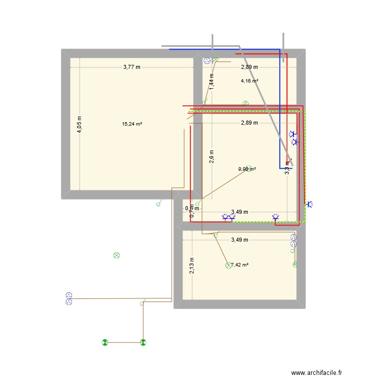 eau elec. Plan de 4 pièces et 37 m2