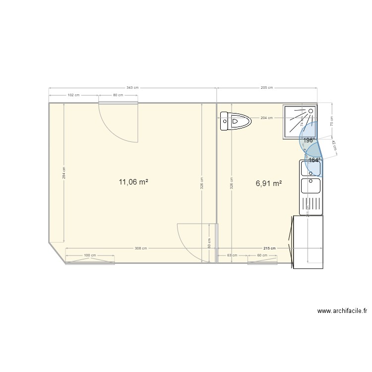 Falguière . Plan de 2 pièces et 18 m2