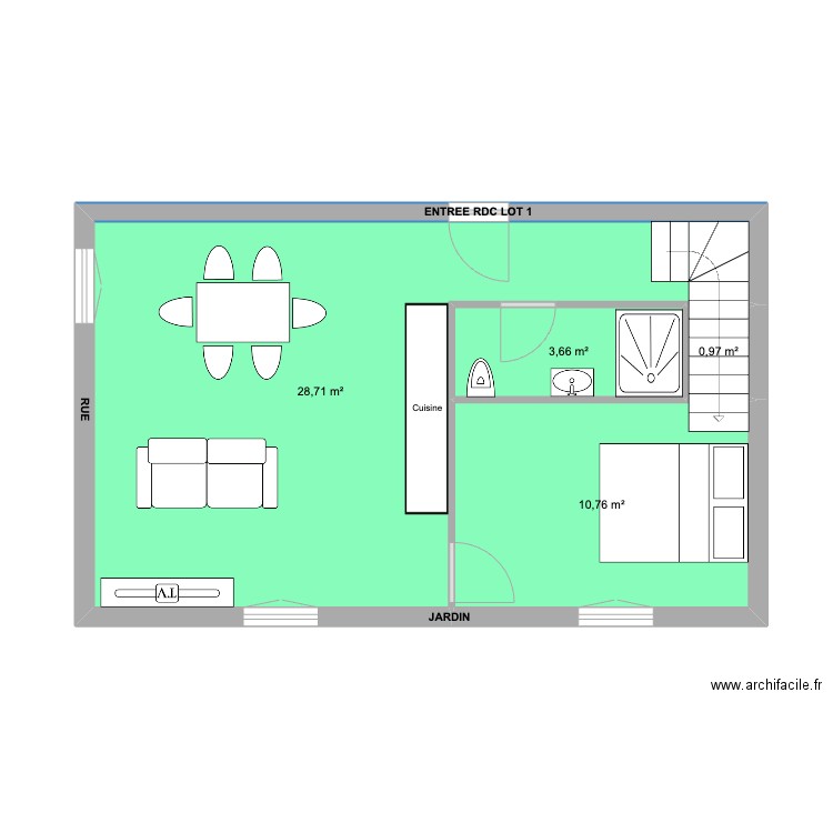 RDC Lot 1. Plan de 4 pièces et 44 m2