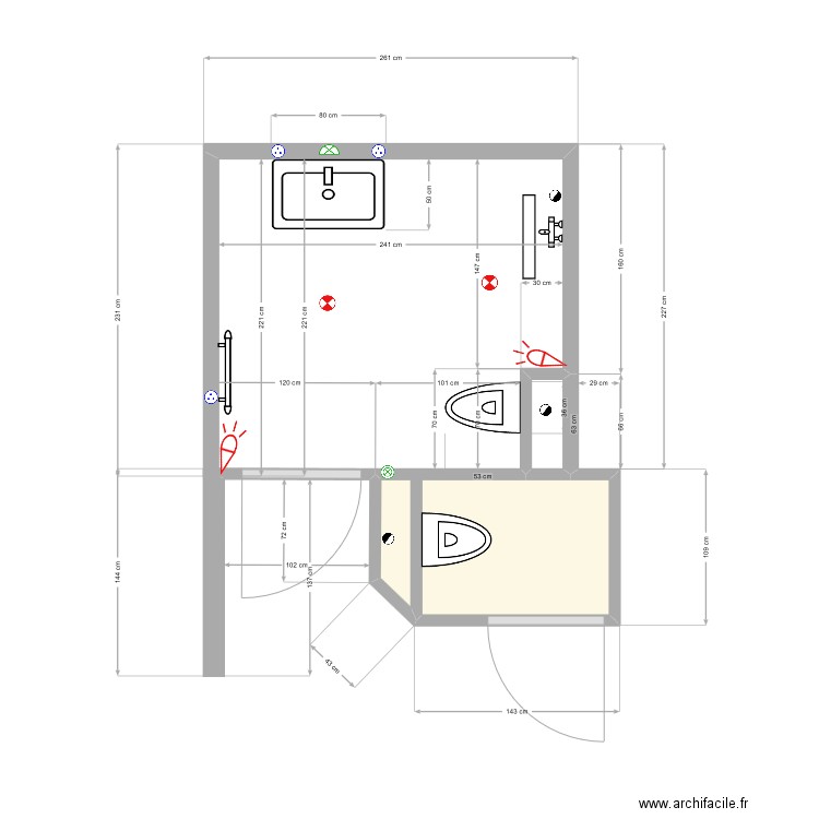 Salle d'eau 61 robinetterie douche déplacé . Plan de 2 pièces et 2 m2