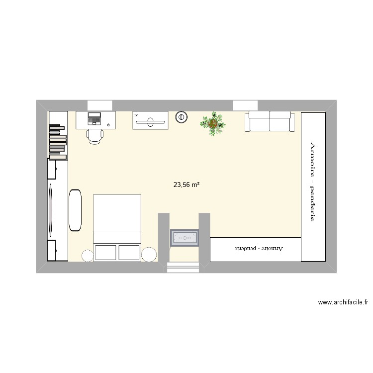 chambre. Plan de 1 pièce et 24 m2